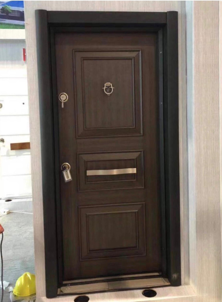 Armoured Security Door features a multi-panel design with a dark wood finish 
