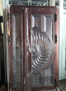 Double-door design with a unique decorative pattern on the central panels