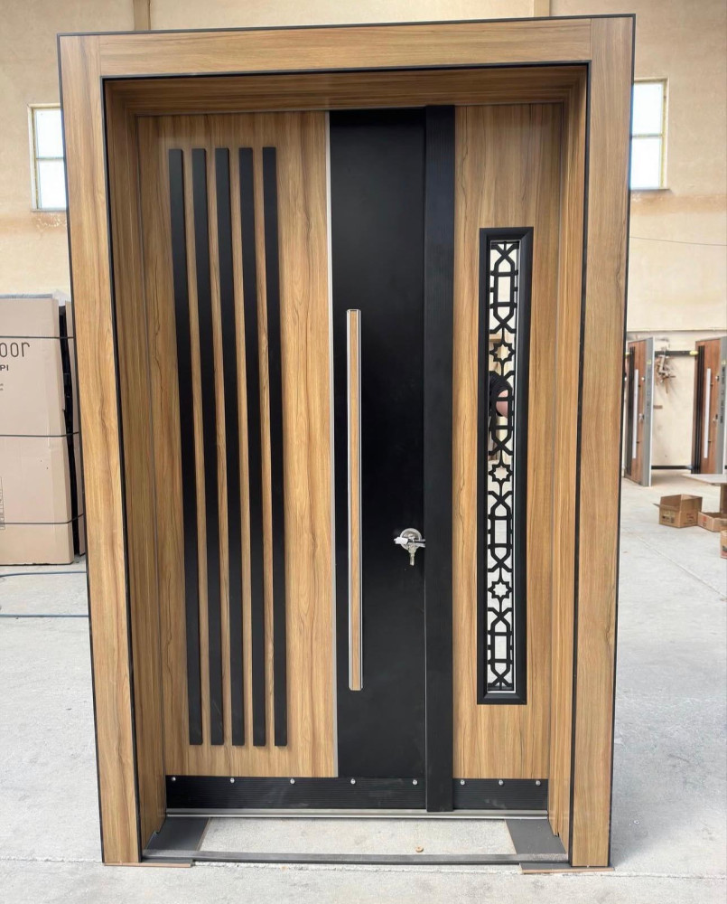 Modern wood-look and black steel security Door 