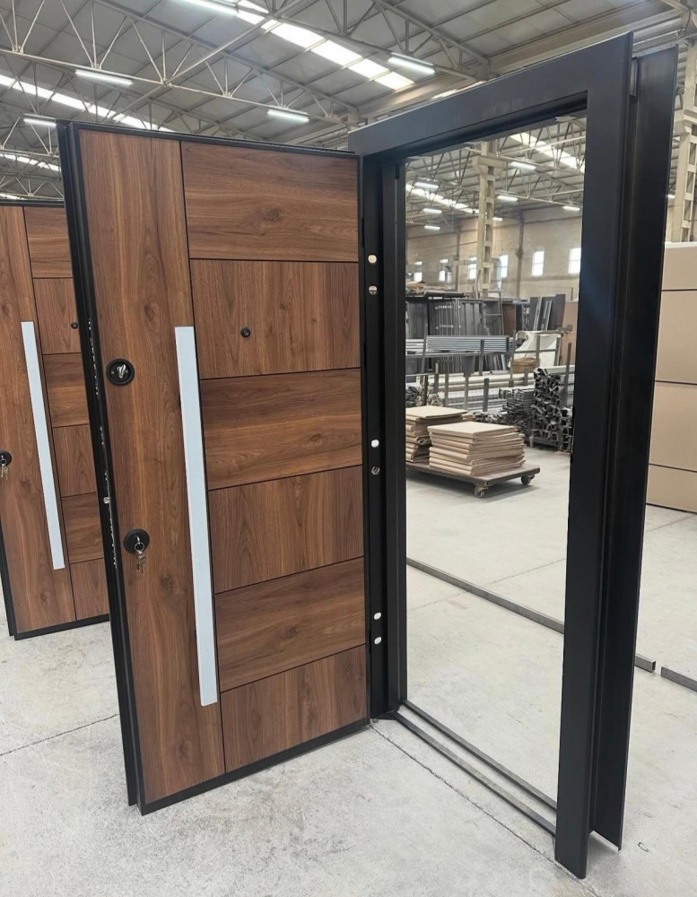 Modern wood-finish security Entrance door with a long vertical handle