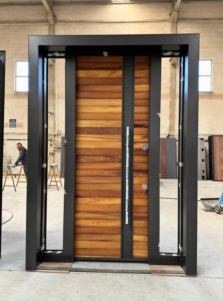 Modern turkey Security Door with a woon-laminate finish and black metal frame