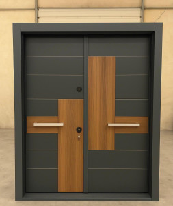 this is Nova1 steel entrance door with wood-look panels and long horizontal handle