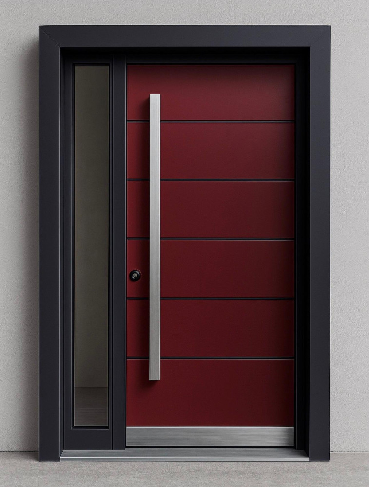 Modern Red Aluminum front Entrance door with a vertical stainless steel pull handle