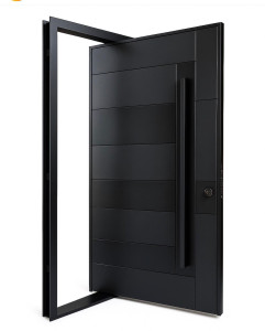 Modern black aluminum pivot entry door with a horizontal paneling and a long pull handle