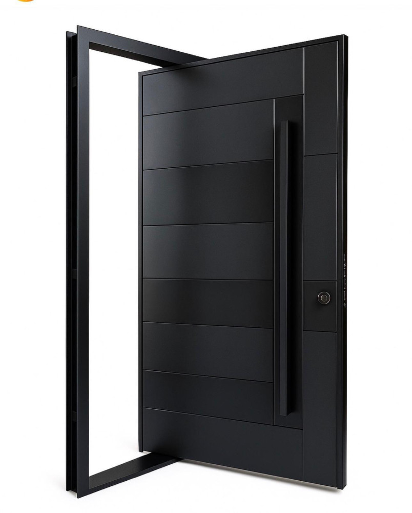 Modern black aluminum pivot entry door with a horizontal paneling and a long pull handle