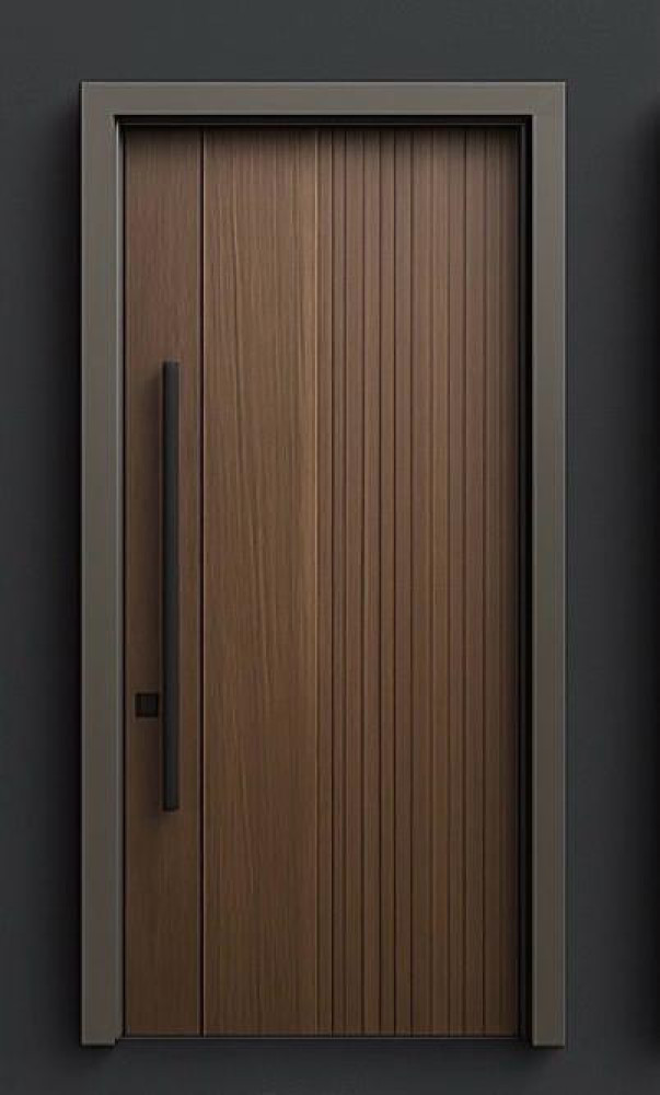 Modern wood entry door with vertical fluted panels and a black pull handle