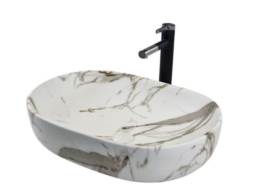 White and grey marble-patterned ceramic countertop wash basin