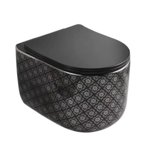 Patterned Wall-hung toilet with a black soft-close seat