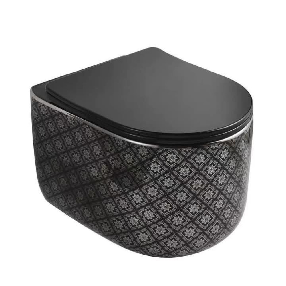 Patterned Wall-hung toilet with a black soft-close seat