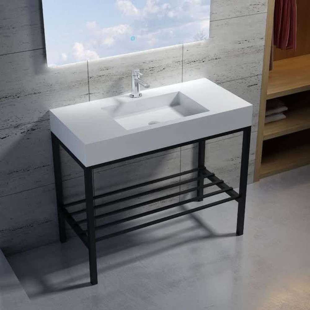 Modern Console bathroom sink with a white acrylic composite or stone resin top and a matte black stainless steel frame