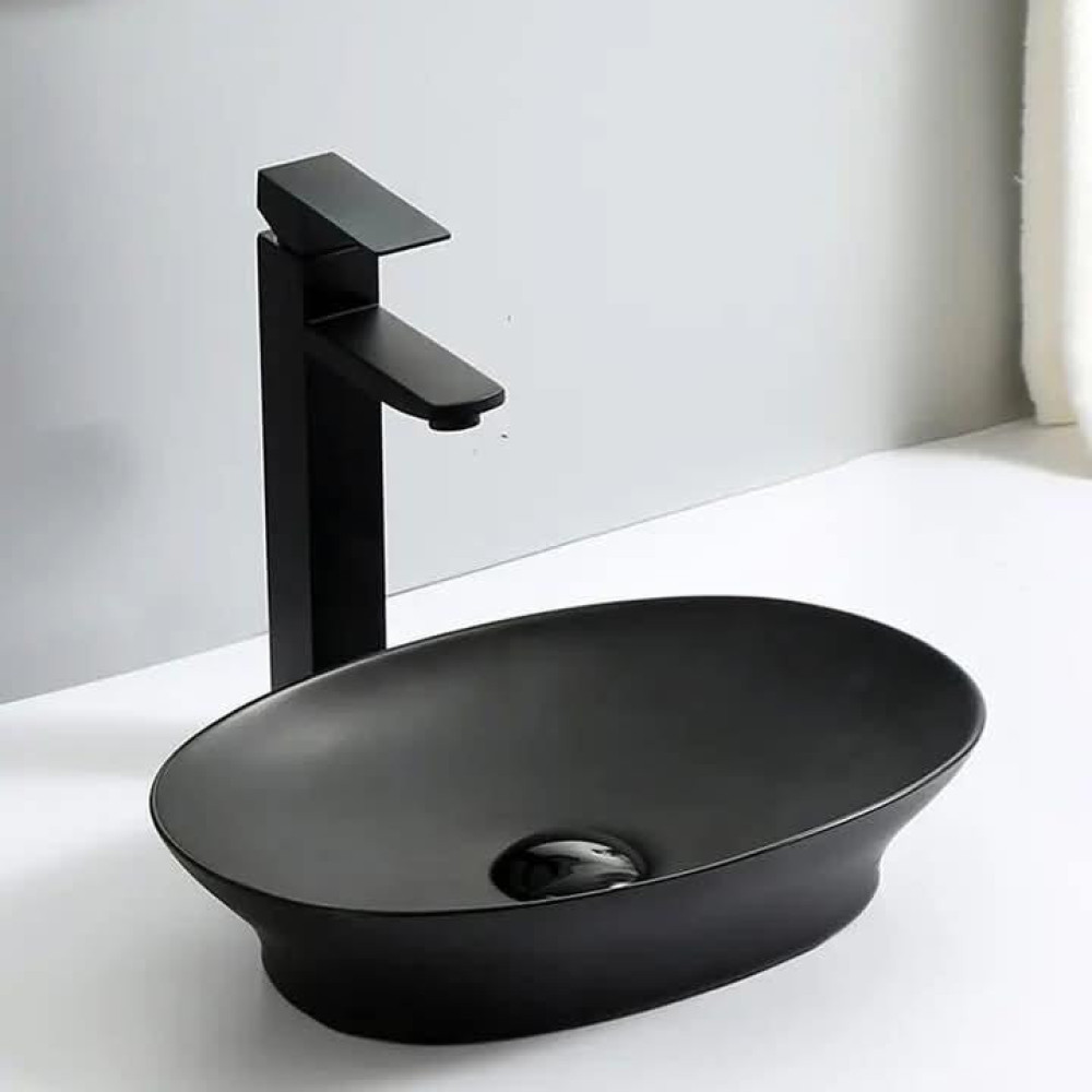 Modern matte Black Oval vessel sink and faucet combo