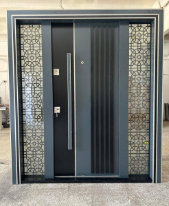 Modern Metal Security Entry Door with decorative side panels 