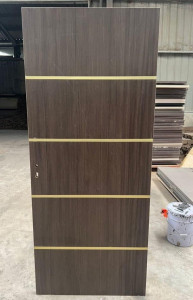 Turkish HDF wooden Interior door with dark wood grain finish and gold-coloured horizontal inlay strips