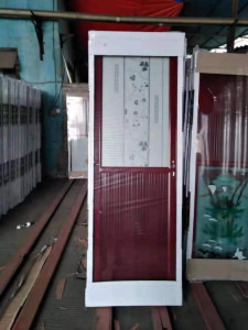 Aluminum Swing Door with a maroon lower panel and a glass upper panel